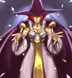 Rule 34 | 1girl, breasts, capcom, cape, cleavage, hat, red eyes, red hair, short hair, sketch, solo, tabasa, tetsu (kimuchi), warzard, witch, wizard
