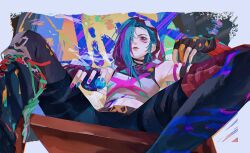 1girl arcane:_league_of_legends arcane_jinx belt black_belt black_gloves blue_hair blue_nails closed_mouth commentary cowboy_shot fingerless_gloves fingernails gloves graffiti hashtag-only_commentary highres hood hoodie jinx_(league_of_legends) league_of_legends long_hair looking_down multicolored_hair nail_polish pink_eyes purple_hair purple_nails sitting solo spread_legs streaked_hair symbol-only_commentary two-tone_hair yumu_(8181018)