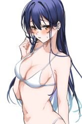 Rule 34 | 1girl, bikini, blue hair, blush, breasts, cleavage, clenched hand, collarbone, commentary request, furrowed brow, hair between eyes, hand up, highres, long hair, looking at viewer, love live!, love live! school idol project, mei hinamatsu, navel, orange eyes, parted lips, sideboob, sidelocks, solo, sonoda umi, standing, stomach, sweat, swimsuit, upper body, white background, white bikini