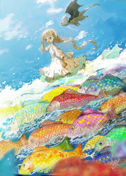 Rule 34 | 1girl, blonde hair, blue eyes, blue sky, braid, braided ponytail, circle, cloud, colorful, demizu posuka, dragon, dress, dutch angle, eyebrows, fish, flying, full body, heart, heart print, highres, in water, long dress, long hair, looking to the side, open mouth, original, partially submerged, ponytail, sketch, sky, standing, star (symbol), star print, swimming, very long hair, wading, water, waves, white dress