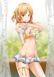 Rule 34 | 1girl, bare shoulders, bikini, bikini under clothes, bow, breasts, brown eyes, brown hair, clothes lift, curtains, hair ornament, hairclip, indoors, isshiki iroha, leg ribbon, lifted by self, looking at viewer, medium breasts, microskirt, navel, off-shoulder shirt, off shoulder, one side up, ribbon, seductive smile, shirt, shirt lift, short hair, skirt, smile, solo, stomach, striped bikini, striped clothes, sunhyun, swimsuit, undressing, white shirt, white skirt, yahari ore no seishun lovecome wa machigatteiru., yellow bikini, yellow bow, yellow ribbon