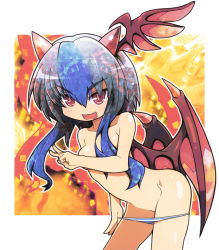 Rule 34 | 1girl, alternate wings, bat wings, blue hair, blue panties, breast hold, breasts, covering privates, fang, head wings, horns, leaning forward, long hair, open mouth, panties, panties only, panty pull, red eyes, short hair, sidelocks, small breasts, solo, striped clothes, striped panties, tanashi (mk2), tokiko (touhou), topless, touhou, underwear, underwear only, v, wings