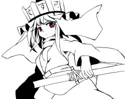 Rule 34 | androgynous, anmita (rarutos), bad id, bad twitter id, belt, crown, frilled hat, frills, gender request, greyscale, hat, highres, japanese clothes, len&#039;en, monochrome, ooya kunimitsu, other focus, red eyes, short hair, solo, sword, turtleneck, vest, weapon
