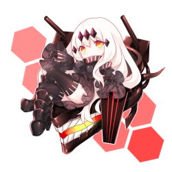 Rule 34 | 10s, 1girl, absurdres, abyssal ship, aircraft carrier water oni, armor, armored boots, black dress, black thighhighs, boots, chibi, colored skin, dress, fm, hair ornament, highres, honeycomb (pattern), honeycomb background, honeycomb pattern, kantai collection, knee boots, long hair, orange eyes, ribbed dress, solo, thighhighs, white hair, white skin