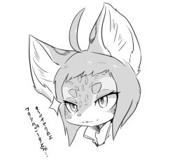 Rule 34 | 1girl, :3, ahoge, body fur, closed mouth, collared shirt, female focus, glint, greyscale, half-closed eyes, happy, highres, japanese text, monochrome, multicolored fur, original, portrait, shirt, short hair, sidelocks, simple background, sketch, smile, solo, split mouth, spotted fur, swept bangs, tamanosuke, thick eyebrows, translation request, white background