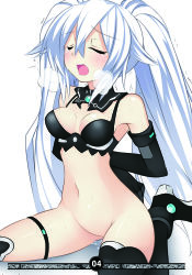 Rule 34 | 10s, 1girl, arms behind back, black heart (neptunia), blush, bottomless, breasts, cleavage, elbow gloves, closed eyes, gloves, highres, meimu (infinity), neptune (series), noire (neptunia), pussy juice, solo, tears, thighhighs, torn clothes, twintails, white hair