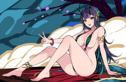Rule 34 | 1girl, :d, areola slip, armlet, bare shoulders, barefoot, bead bracelet, beads, bracelet, breasts, character request, commentary request, copyright request, full body, hair ornament, hidebou, highres, horns, jewelry, large breasts, long hair, looking at viewer, open mouth, purple hair, sitting, smile, solo, thighs