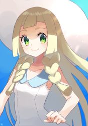 Rule 34 | 1girl, blonde hair, blunt bangs, braid, clenched hand, closed mouth, collarbone, collared dress, commentary, creatures (company), dress, eyelashes, game freak, green eyes, hat, highres, lillie (pokemon), long hair, looking at viewer, moegi itsukashi, nintendo, pokemon, pokemon sm, signature, sleeveless, sleeveless dress, smile, solo, sun hat, twin braids, upper body, white dress, white hat