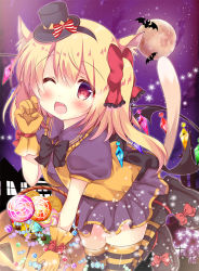 Rule 34 | 1girl, ;d, animal ears, bat (animal), black footwear, black hat, blonde hair, blush, boots, bow, candy, candy wrapper, cat ears, cat girl, cat tail, claw pose, collared shirt, commentary request, crystal, fang, flandre scarlet, food, frilled ribbon, frilled shirt collar, frills, full moon, glove bow, gloves, hair between eyes, hair bow, halloween, hat, hat bow, jack-o&#039;-lantern, lollipop, long hair, looking at viewer, mini hat, mini top hat, moon, night, night sky, one eye closed, one side up, open mouth, orange gloves, orange vest, puffy short sleeves, puffy sleeves, purple shirt, purple skirt, red bow, red eyes, ribbon, rika-tan (rikatantan), shirt, short sleeves, skirt, sky, smile, solo, star (sky), star (symbol), starry sky, striped bow, striped clothes, striped thighhighs, swirl lollipop, tail, thighhighs, top hat, touhou, vest, wings