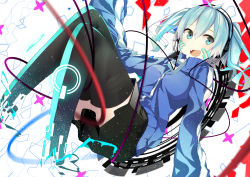Rule 34 | 1girl, absurdres, aqua eyes, aqua hair, benio (dontsugel), black thighhighs, cable, ene (kagerou project), headphones, highres, kagerou project, long hair, miniskirt, nmaaaaa, skirt, solo, thighhighs, twintails, white background