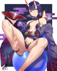 Rule 34 | 1girl, absurdres, barefoot, blue eyes, bob cut, breasts, closed mouth, cup, fang, fate/grand order, fate (series), feet, highres, horns, huge filesize, japanese clothes, kisaragi tsurugi, long hair, looking at viewer, oni, purple hair, sakazuki, shuten douji (fate), signature, skin-covered horns, small breasts, solo