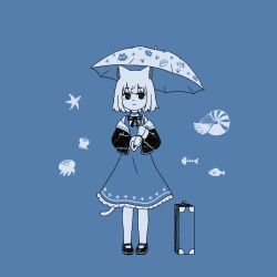 Rule 34 | 1girl, :3, animal ears, blue theme, cat ears, cat girl, cat tail, dress, fish, fish skeleton, full body, highres, holding, holding umbrella, jacket, jellyfish, long sleeves, looking at viewer, mary janes, monochrome, nautilus (animal), neck ribbon, off shoulder, open clothes, open jacket, pantyhose, pinafore dress, ribbon, sano (chappy), sayo (voicevox), shoes, short hair, simple background, sleeveless, sleeveless dress, smile, solo, standing, starfish, suitcase, tail, umbrella, umbrella over shoulder, voicevox