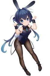 Rule 34 | 1girl, absurdres, aged down, animal ears, azur lane, blue eyes, blue hair, blue leotard, blush, cleavage, clenched hands, covered navel, fake animal ears, full body, hands up, headgear, high heels, highres, leaning forward, leotard, long hair, looking at viewer, mohairu (hhooaann), new jersey (azur lane), new jersey (exhilarating steps!) (azur lane), official alternate costume, pantyhose, paw pose, rabbit ears, rabbit tail, see-through, see-through cleavage, smile, solo, tail, twintails, very long hair, wrist cuffs