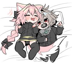 Rule 34 | 2boys, animal ears, astolfo (fate), baby, blush, commentary request, dog boy, dog ears, dog tail, closed eyes, fate/apocrypha, fate (series), full body, grey hair, haoro, streaked hair, lying, male focus, multicolored hair, multiple boys, on back, pacifier, panties, pink hair, sieg (fate), skirt, sleeping, tail, thighhighs, trap, two-tone hair, underwear, white hair, aged down