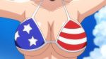 Rule 34 | 1girl, american flag bikini, animated, bikini, bouncing breasts, breasts, covered erect nipples, female focus, flag print, furuhashi chinatsu, head out of frame, large breasts, nipples, solo, sweet home, swimsuit, topless, undressing, video, video