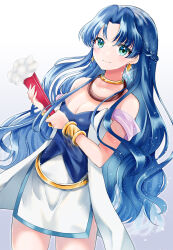 Rule 34 | 1girl, bare shoulders, blue hair, bracer, braid, breasts, cleavage, closed mouth, collarbone, commentary request, earrings, eyelashes, glint, gold choker, gold earrings, hand fan, highres, holding, holding fan, jewelry, kashima miyako, large breasts, long hair, looking at viewer, puyopuyo, rulue (puyopuyo), smile, solo, very long hair, white background