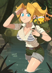 Rule 34 | 1girl, aikawa rumi, among us, backpack, bag, barleyshake, belt, blonde hair, blue eyes, bra, breasts, brown belt, cat, cleavage, collared shirt, cowboy shot, grass, green shorts, highres, large breasts, long hair, looking at viewer, metal slug, outdoors, partially submerged, ponytail, rock, salute, see-through, see-through shirt, shirt, shirt tucked in, short sleeves, shorts, solo, striped bra, striped clothes, sunglasses, underwear, wet, wet clothes, wet shirt, white shirt, yellow cat