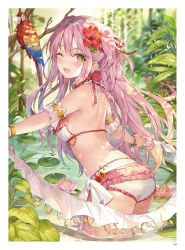 Rule 34 | 1girl, ;d, belly chain, bikini, bird, blush, bow, cowboy shot, floating hair, flower, frilled bikini, frills, hair flower, hair ornament, hibiscus, highres, jewelry, leaning forward, long hair, looking at viewer, momoko (momopoco), one eye closed, open mouth, original, page number, parrot, pink hair, red bow, red flower, smile, solo, standing, swimsuit, very long hair, wading, white bikini, yellow eyes