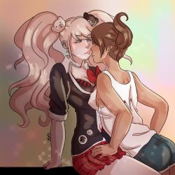 Rule 34 | 2girls, about to kiss, alternate costume, arm around back, arm around waist, asahina aoi, bear hair ornament, black shirt, blue shorts, bow, bowtie, bra, breasts, brown eyes, brown hair, choker, collared shirt, danganronpa: trigger happy havoc, danganronpa (series), danganronpa 3 (anime), enoshima junko, eye contact, fingernails, grey eyes, hair ornament, hand on another&#039;s back, highres, large breasts, leaning back, leaning forward, leaning on person, long hair, looking at another, looking at viewer, multicolored background, multiple girls, nail polish, necktie, plaid, plaid skirt, pleated skirt, ponytail, red bow, red nails, red skirt, shirt, short sleeves, shorts, shoulderblades, simple background, sitting, skirt, tank top, twintails, underwear, white choker, white neckwear, white tank top, yuri