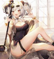 Rule 34 | 1girl, :d, absurdres, arknights, black dress, black hair, breasts, cleavage, dress, eyewear on head, fang, feater (arknights), feet out of frame, hands up, highres, knee up, legs, medium breasts, multicolored hair, official alternate costume, open mouth, orange eyes, short hair, silver hair, sitting, smile, solo, streaked hair, sunglasses, thigh strap, thighs, twintails, v, xiongshouji