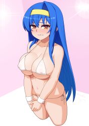 Rule 34 | 1girl, absurdres, alternate breast size, arcana heart, bikini, blue hair, blush, bow, breasts, brown eyes, cleavage, clenched teeth, curvy, embarrassed, hair bow, hairband, heart, heart-shaped pupils, highres, large breasts, legs, long hair, looking at viewer, nalia, navel, solo, swimsuit, symbol-shaped pupils, teeth, thighs, tsuzura saki, white bikini