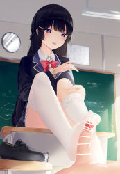Rule 34 | 1boy, 1girl, after ejaculation, bar censor, black footwear, black hair, blue cardigan, blue eyes, blue skirt, blunt bangs, blush, bow, bowtie, cardigan, censored, chalkboard, classroom, clock, commentary request, convenient leg, cum, cum on body, cum on feet, cum on legwear, cum on penis, cumdrip, desk, erection, feet, footjob, full body, hair ornament, hairclip, hand on leg, hand up, highres, hime cut, indoors, kou futoshi, legs, loafers, long hair, looking at viewer, nijisanji, no shoes, on desk, open mouth, out of frame, penis, plaid, plaid skirt, red bow, red bowtie, removing legwear, school desk, school uniform, shirt, shoes, sitting, on desk, skirt, soles, solo focus, spread toes, thighhighs, thighs, toes, tsukino mito, tsukino mito (1st costume), unworn shoes, virtual youtuber, white shirt, white thighhighs