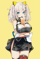 Rule 34 | 1girl, arms under breasts, bare shoulders, black dress, blue eyes, blush, breast hold, breasts, bubble tea, bubble tea challenge, cleavage, cleavage cutout, closed mouth, clothing cutout, cowboy shot, cup, disposable cup, dress, drinking, drinking straw, hair ornament, hairclip, highres, kaguya luna, large breasts, long hair, obi, object on breast, red thighhighs, revision, sash, silver (chenwen), silver hair, simple background, sleeveless, sleeveless dress, solo, the moon studio, thighhighs, twintails, virtual youtuber, yellow background