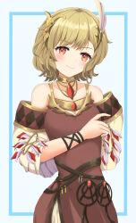 Rule 34 | absurdres, bare shoulders, blonde hair, brown dress, citrinne (fire emblem), dress, earrings, feather hair ornament, feathers, fire emblem, fire emblem engage, gold choker, gold trim, hair ornament, highres, hoop earrings, jewelry, leather wrist straps, mismatched earrings, nintendo, patty ojisan, red eyes, wing hair ornament