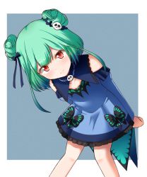 Rule 34 | 1girl, animal print, bare shoulders, blue background, blue dress, blue ribbon, blue sleeves, butterfly print, cleavage cutout, closed mouth, clothing cutout, collarbone, double bun, dress, flat chest, green hair, hair bun, hair ornament, hair ribbon, highres, hololive, knees, long sleeves, looking at viewer, medium hair, mono (mono60), red eyes, ribbon, short dress, simple background, skull, skull collar, skull hair ornament, smile, solo, uruha rushia, uruha rushia (1st costume), virtual youtuber