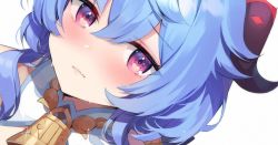 Rule 34 | 1girl, ayamy, bell, blue hair, blush, close-up, cropped, embarrassed, ganyu (genshin impact), genshin impact, heart, heart-shaped pupils, horns, long hair, looking at viewer, neck bell, nose blush, paid reward available, purple eyes, solo, sweat, symbol-shaped pupils, wavy mouth, white background