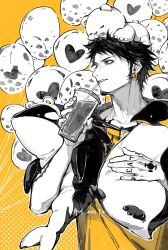 Rule 34 | 1boy, alternate costume, balloon, black hair, black hoodie, cup, dated, disposable cup, drawstring, drinking straw, drinking straw in mouth, earrings, facial hair, goatee, hand tattoo, highres, holding, holding stuffed toy, hood, hoodie, jewelry, looking to the side, monochrome, one piece, short hair, short sleeves, solo, stuffed animal, stuffed orca, stuffed penguin, stuffed toy, tattoo, teddy bear, trafalgar law, two-tone hoodie, upper body, xuchuan, yellow background, yellow eyes, yellow hoodie