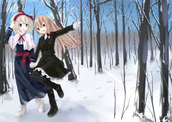 Rule 34 | 2girls, alice margatroid, alternate costume, blue eyes, blue sky, blush, boots, braid, capelet, couple, cross-laced footwear, day, dendenmushi, fang, footprints, forest, hairband, holding hands, kirisame marisa, long hair, multiple girls, nature, open mouth, pantyhose, sash, short hair, side braid, sky, snow, touhou, winter, yellow eyes, yuri
