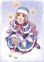 Rule 34 | 1girl, :d, bad id, bad pixiv id, bell, belt, boots, braid, capelet, fur trim, green eyes, happy, hat, knee boots, kneeling, light brown hair, mittens, natsu natsuna, open mouth, original, ribbon, side braid, smile, snowflakes, solo, striped, winter clothes