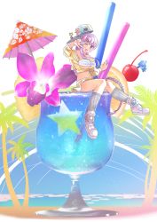 Rule 34 | 1girl, backwards hat, bare shoulders, baseball cap, bb (fate), bb (fate) (all), bb (swimsuit mooncancer) (fate), bb (swimsuit mooncancer) (first ascension) (fate), blush, breasts, cleavage, cropped jacket, cup, drinking glass, drinking straw, fate/grand order, fate (series), hat, highres, jacket, large breasts, long hair, long sleeves, looking at viewer, loose socks, mentaiko mamire, navel, off shoulder, one eye closed, open mouth, oversized object, palm tree, purple eyes, purple hair, sitting, skirt, smile, socks, star (symbol), tree, umbrella, very long hair, w, white background, white footwear, white headwear, yellow jacket, yellow skirt