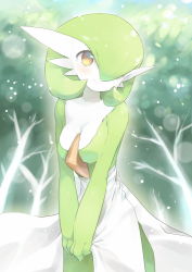 Rule 34 | 1girl, blue sky, blush, breasts, cleavage, creatures (company), day, female focus, fuchsia, game freak, gardevoir, gen 3 pokemon, green hair, hair over one eye, jpeg artifacts, medium breasts, nintendo, outdoors, own hands together, pokemon, pokemon (creature), pokemon rse, red eyes, short hair, sky, smile, solo, standing, tree, v arms
