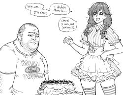 Rule 34 | 1boy, 1girl, absurdres, apron, bb (baalbuddy), dress, english text, fat, fat man, food, greyscale, highres, monochrome, obese, original, pinstripe pattern, sandwich, short twintails, simple background, skirt, speech bubble, striped clothes, striped dress, twintails, vertical-striped clothes, vertical-striped dress, wendy&#039;s, wendy (wendy&#039;s), white background