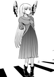Rule 34 | 1girl, absurdres, alternate costume, arms behind back, blouse, blunt bangs, boots, casual, commentary request, expressionless, greyscale, hair ribbon, headgear, highres, kantai collection, long hair, long skirt, looking at viewer, monochrome, murakumo (kancolle), pleated skirt, ribbon, shirt, sidelocks, simple background, skirt, solo, tress ribbon, yoshika fuumi