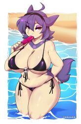 Rule 34 | 1girl, ahoge, animal ears, artist name, beach, belly, bikini, black hairband, blue background, body fur, border, breasts, cleavage, creatures (company), day, dripping, eating, eyeshadow, female focus, food, front-tie bikini top, front-tie top, furry, furry female, game freak, hair between eyes, hairband, half-closed eyes, hand on own hip, hand up, highres, hisuian typhlosion, holding, holding food, huge breasts, looking at viewer, makeup, navel, nintendo, open mouth, outdoors, outside border, partially submerged, personification, plump, pokemon, pokemon (creature), popsicle, purple bikini, purple eyeshadow, purple fur, purple hair, purple nails, red eyes, sand, short hair, side-tie bikini bottom, sidelocks, skindentation, solo, stomach, string bikini, swimsuit, tail, teranen, thick thighs, thighs, transparent border, two-tone fur, wading, water, watermark, wide hips, yellow fur