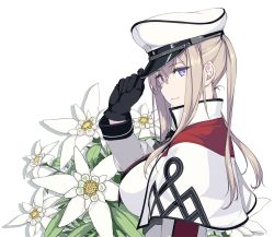 Rule 34 | 10s, 1girl, adjusting clothes, adjusting headwear, black gloves, blonde hair, breasts, capelet, flower, from side, gloves, graf zeppelin (kancolle), hat, jacket, kantai collection, large breasts, lips, long hair, long sleeves, looking at viewer, peaked cap, plant, purple eyes, rokuwata tomoe, simple background, smile, solo, twintails, upper body, white background, white hat, white jacket