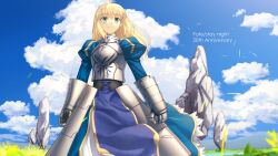 Rule 34 | 1girl, ahoge, anniversary, armor, armored dress, artoria pendragon (all), artoria pendragon (fate), blonde hair, closed mouth, cloud, copyright name, corset, fate/stay night, fate (series), faulds, floating rock, gauntlets, grass, green eyes, hair undone, highres, juliet sleeves, long hair, long sleeves, looking at viewer, outdoors, parody, puffy sleeves, saber (fate), shoori (migiha), sidelocks, sky, smile, solo, style parody, takeuchi takashi (style)