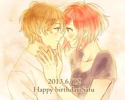 Rule 34 | 1boy, 1girl, 2013, alternate costume, birthday, blush, brown hair, character name, collarbone, couple, dated, eye contact, face-to-face, hands on another&#039;s face, happy birthday, looking at another, no.6, red eyes, red hair, safu, shion (no.6), shiro (shounen to hero), short hair, smile, upper body