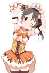 Rule 34 | 1girl, absurdres, armband, armpits, black hair, boots, bow, brown eyes, buchi (y0u0ri ), detached sleeves, dress, earrings, frilled dress, frills, fur cuffs, hair ornament, hair ribbon, heart, heart earrings, heart hands, highres, idolmaster, idolmaster cinderella girls, idolmaster cinderella girls starlight stage, jewelry, looking at viewer, one eye closed, parted lips, ribbon, ribbon-trimmed sleeves, ribbon trim, simple background, solo, thigh boots, yaguchi miu