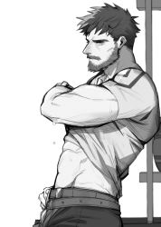 Rule 34 | 1boy, bara, beard, belt, clothes lift, facial hair, from side, frown, genshin impact, greyscale, highres, holmy (holmesdmode), lifted by self, looking at viewer, male focus, mature male, midriff, monochrome, muscular, muscular male, mustache, shirt lift, short hair, solo, sweat, thick eyebrows, wagner (genshin impact), white background