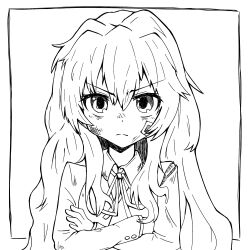 Rule 34 | 1girl, aisaka taiga, blazer, border, bruise, bruise on face, closed eyes, closed mouth, collared shirt, commentary request, crossed arms, greyscale, hair between eyes, highres, injury, jacket, long hair, long sleeves, looking at viewer, monochrome, moroqoishii, neck ribbon, outside border, ribbon, shirt, solo, toradora!, torn clothes, torn jacket, upper body