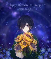 Rule 34 | 1boy, aiba ibuki, black hair, blue flower, bouquet, chinese commentary, closed mouth, commentary request, dated, english text, flower, gift art, green shirt, hair over one eye, happy birthday, highres, holding, holding bouquet, long sleeves, looking at viewer, male focus, saibou shinkyoku, shirt, short hair, smile, solo, sunflower, upper body, yuezhuanlang