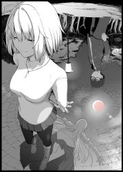 Rule 34 | 1boy, 1girl, antenna hair, archetype earth, arcueid brunestud, arms behind back, boots, breasts, closed eyes, closed mouth, commentary request, full moon, gakuran, glasses, greyscale, highres, jewelry, knee boots, long sleeves, looking at another, medium breasts, miniskirt, monochrome, moon, moon reflection, necklace, night, outdoors, pantyhose, pleated skirt, puddle, reflection, reflective water, school uniform, short hair, sidelocks, skirt, spot color, standing, sweater, syatey, tohno shiki, tsukihime, tsukihime (remake), turtleneck, turtleneck sweater, water