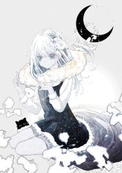Rule 34 | 1girl, absurdres, black dress, cat, closed mouth, crescent moon, dress, flower, grey background, grey eyes, hair flower, hair ornament, hands up, highres, lace, lace-trimmed dress, lace trim, long hair, long sleeves, looking at viewer, moon, original, oseto (oxxsexxto), painting (medium), pale skin, shirt, sitting, sleeveless, sleeveless dress, solo, traditional media, watercolor (medium), white hair, white shirt