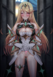 Rule 34 | 1girl, blonde hair, blush, breasts, cleavage, clothes lift, eruu (eruuman), heart, heart-shaped pupils, highres, large breasts, mythra (xenoblade), presenting, presenting pussy, skirt, skirt lift, solo, steam, symbol-shaped pupils, tiara, xenoblade chronicles (series), xenoblade chronicles 2