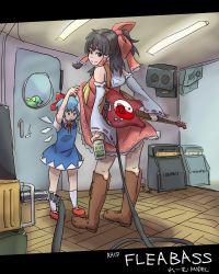 Rule 34 | 3girls, absurdres, alcohol, amplifier, bass guitar, beer, beer can, black hair, blue eyes, blue hair, boots, bow, can, cirno, clothes lift, daiyousei, detached sleeves, dress, drink can, electric guitar, green hair, guitar, hair bow, hair tubes, hakurei reimu, height difference, highres, instrument, jitome, knee boots, looking at viewer, looking back, mirakona gonzaless, multiple girls, open mouth, ponytail, ribbon, short hair, side ponytail, skirt, skirt flip, skirt lift, smile, speaker, touhou, wings