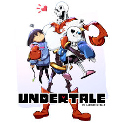 Rule 34 | 1other, = =, androgynous, brothers, brown hair, closed eyes, ejami, english text, frisk (undertale), open mouth, papyrus (undertale), sans (undertale), shirt, short hair, shorts, siblings, simple background, skeleton, smile, striped clothes, striped shirt, striped sweater, sweater, undertale